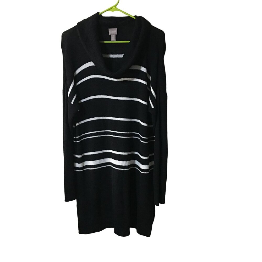 CHICOS BLACK LONG SLEEVE COWL NECK SWEATER WITH WHITE STRIPES WOMENS SIZE 2